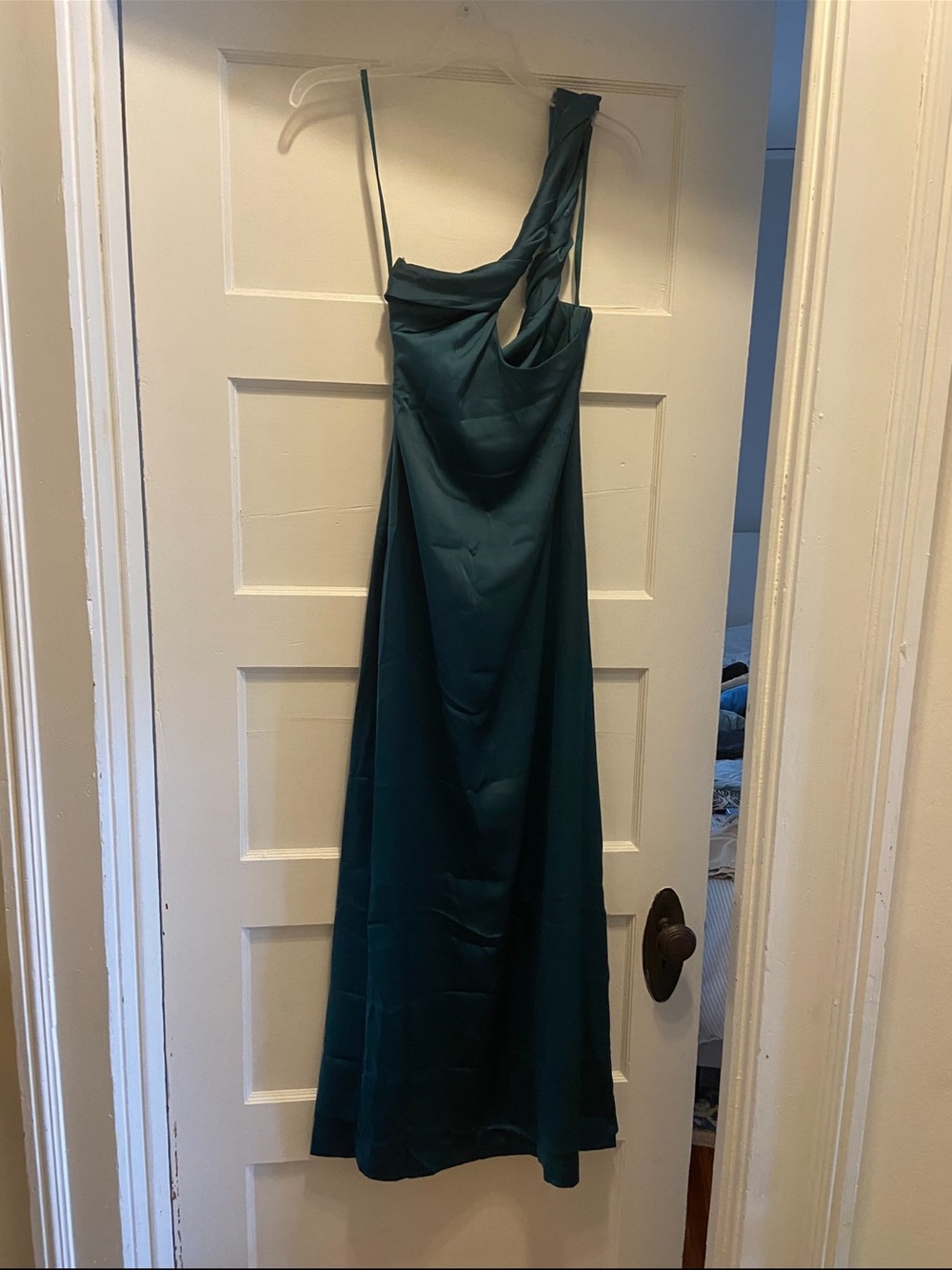 Free People Teal One-Shoulder Satin Maxi Dress with Front Slit - Picture 7 of 8